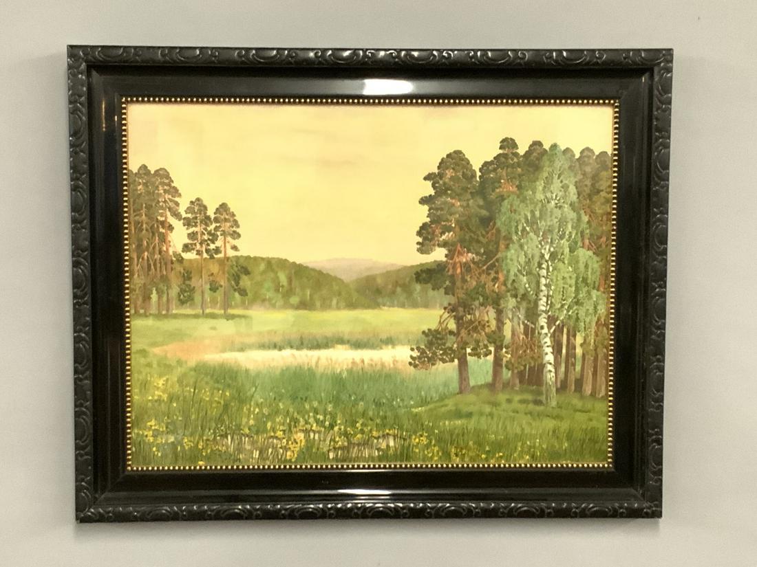 W. Gebler c.1928 German Watecolor Landscape: W. Gebler (German, 19th/20th c.) Wooded Grasslands and Water Scene Watercolor on paperSigned lower right W. Gebler and dated 1928. Housed in a ebonized wood frame. Dimensions: 21" X 27 1/2" and 27 1/2