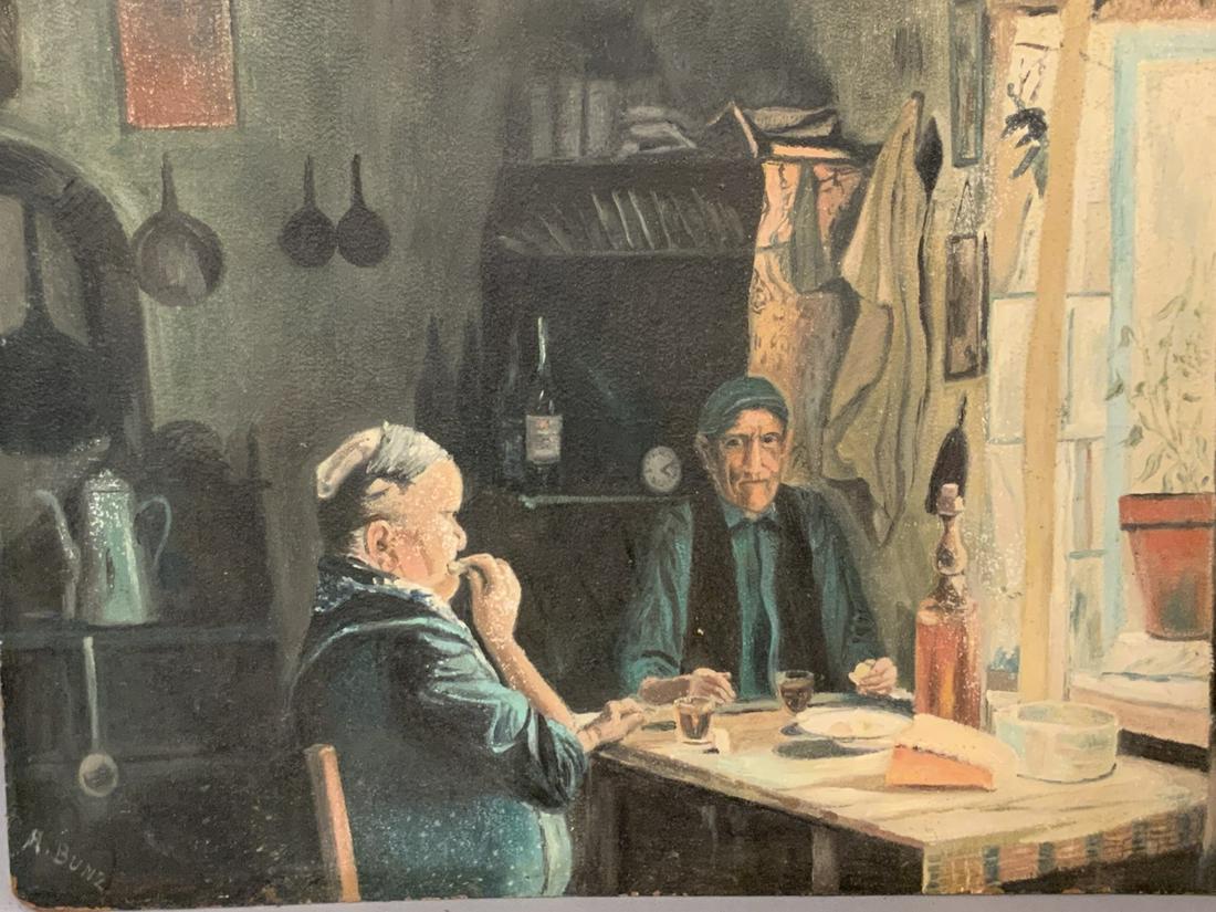 1930's WPA Art Scene by A. Bunz: A. Bunz (American)A WPA error scene with man and wife seated at kitchen tablle having a drink. 1st half 20th century.Oil on baord. Signed lower left.Dimensions: 18" X 24" .