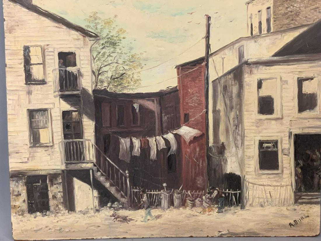 WPA Black Americana 1930's City Street Painting: A. Bunz (American)A WPA error Black Americana city street block life scene.1st half 20th century.Oil on baord. Signed lower left.Dimensions: 18" X 24" .