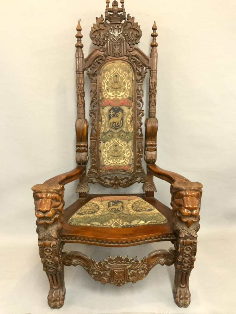 Palace Size Large Carved Wood Throne Chair: Contemporary carved throne chair. Indonesia 20th century. Elaborate Palace size chair. Dimensions: 71" X 36" X 25"