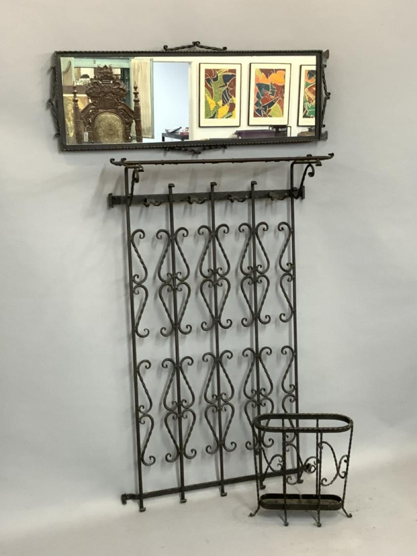 Hand Wrought Iron Hall Tree, Mirror, Umbrella Stand: Hand wrought iron wall mount hall tree and shelf with separate mirror and umbrella stand. Three pieces total. Dimensions 25 1/2" X 31' X 9 1/2"d