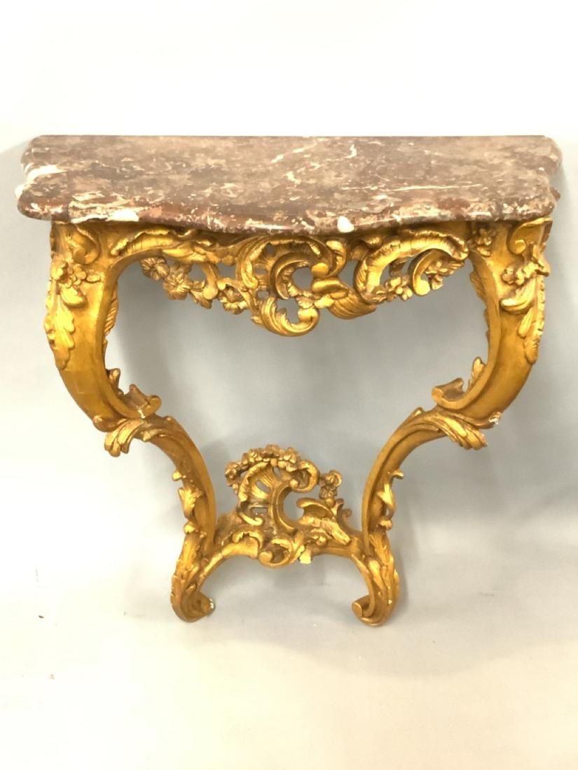 Antique Italian Giltwood Marble Top Hall Console Table: Antique Italian giltwood marble top console table. Dimensions: 33" X 32" X 18" Fine condition. Minor wear. Overall very good. Please see photograph preview or call.