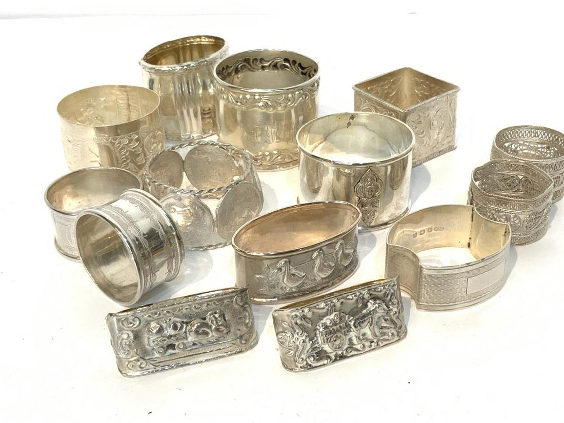 Fourteen (14) Antique Sterling Silver Napkin Rings: Fourteen (14) Sterling Silver Napkin Rings Various sizes. English and American. Total weight: 6.87 Troy ounces