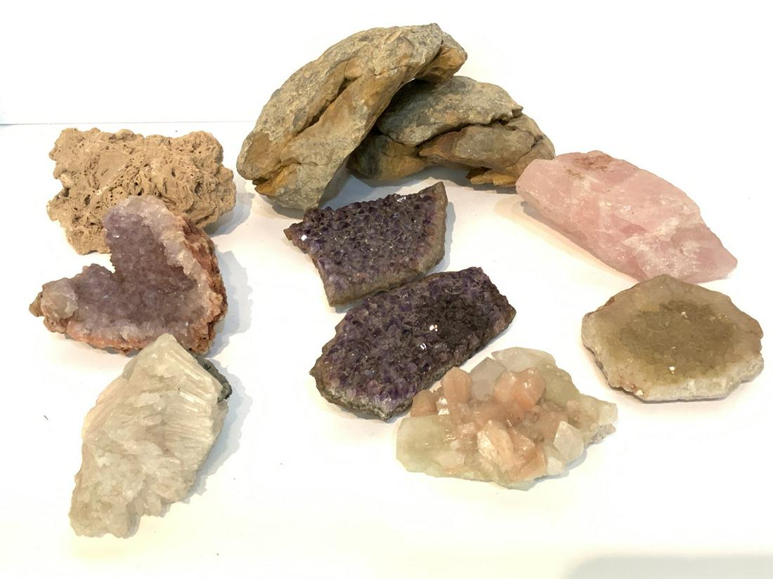 Estate Compiled Rock Specimens, Amethyst, Quartz Etc.: A collection of rock specimens, geodes and stones including pink quartz, amethyst. Dimensions: 5" X 5" Amehtyst stone, 4" smaller stones