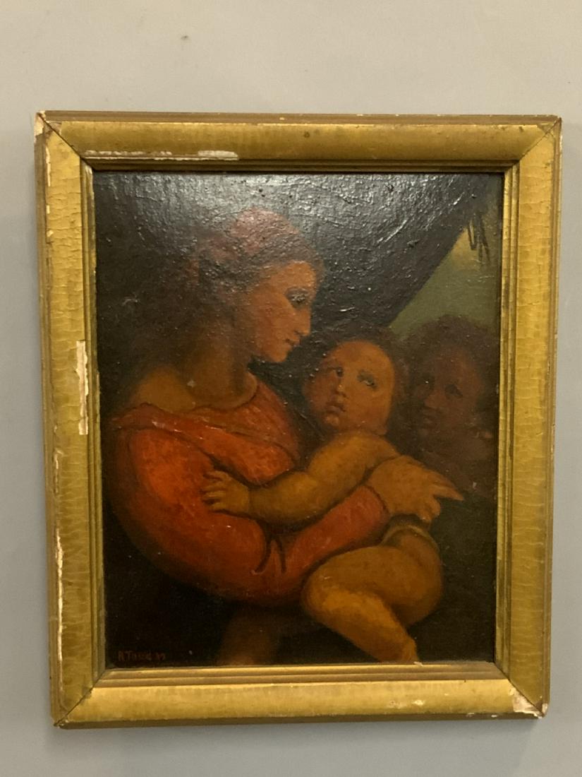 Madonna And Child Oil Paining Signed A. Teed: Madonna and Child Oil on board. Signed A. Teed 33'Dimensions: 11 1/2" X 9 1/2" overallInv. 96