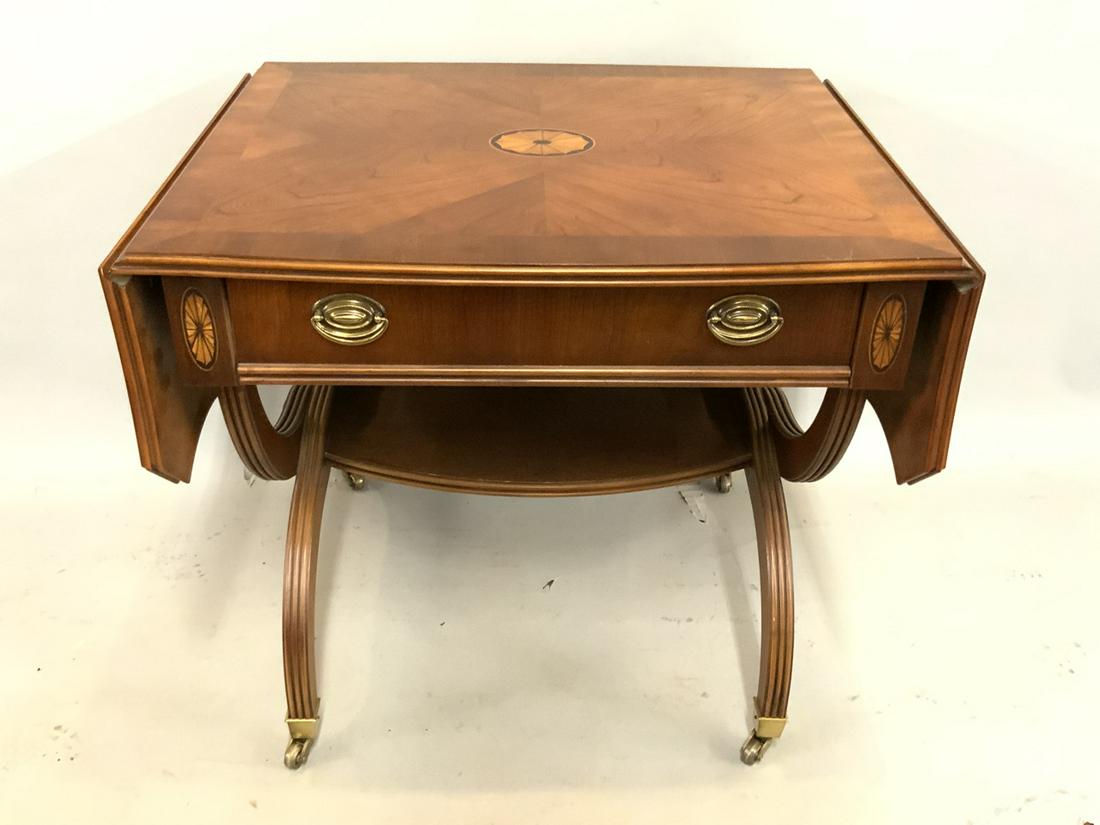 Lane Mahogany Marquetry Drop Leaf Table: Lane mahogany drop leaf marquetry table. Dimensions: 24"h X 28 1/2"w X 23"d