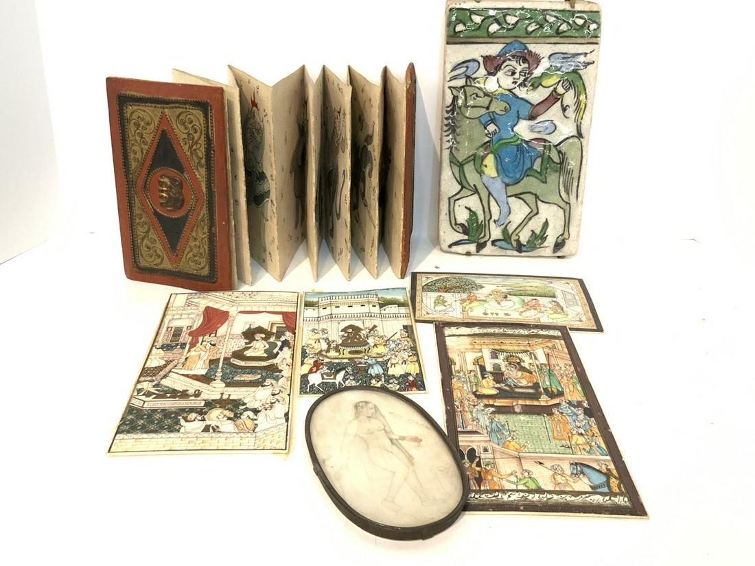 Persian Hand Painted Panel Lot: Persian hand painted bone book plates, stone tile and story book. Dimensions: 8" X 4 1/4" largest plate.