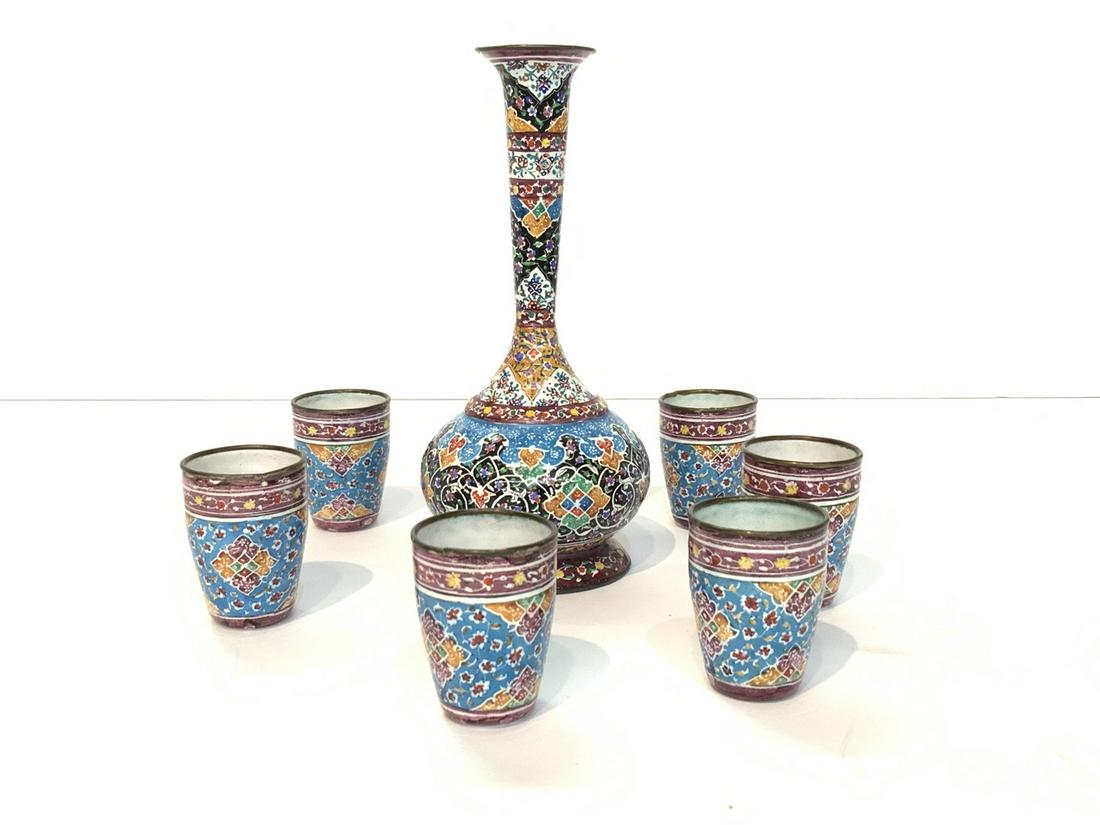 Persian Enamel Vodka Set: Iranian (Persia) enamel Vodka set. Dimensions: 6 1/2"h X 3"d and 1 3/4"h X 1 1/4"d (cups)Provenance: Gentleman's estate of Iranian descent