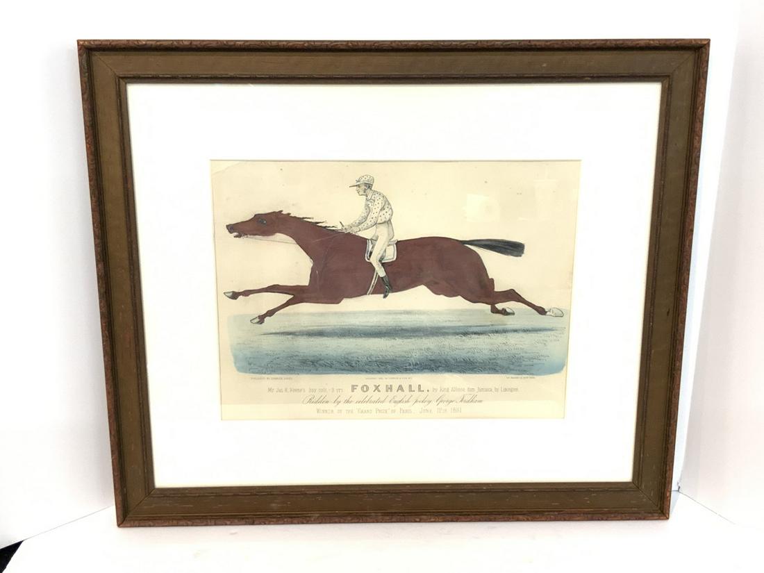 Original 1881 Currier & Ives Foxhall: Foxhall, Currier & Ives 1881. Original hand tinted. Dimensions: 11" X 14" and 19" X 22 1/2" framed