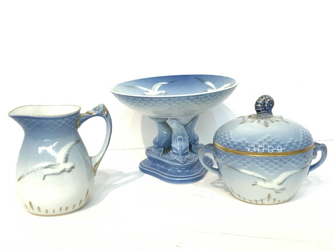 Bing & Grondahl Seagulls Porcelain Group: Bing & Grondahl B&G porcelain group. Denmark.Dimensions: 4" X 5 1/2" diameter dish and 3-4"h sugar and creamer.