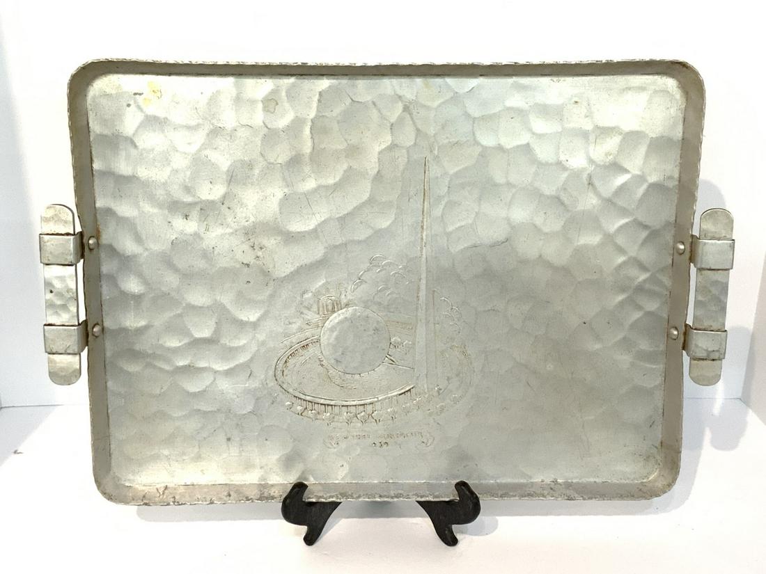 1939 New York World's Fair Hand Wrought Aluminum Tray: 1939 New York World's Fair aluminum double handled tray. Hand wrought Federal S Co. Dimensions: 12"h 17"w