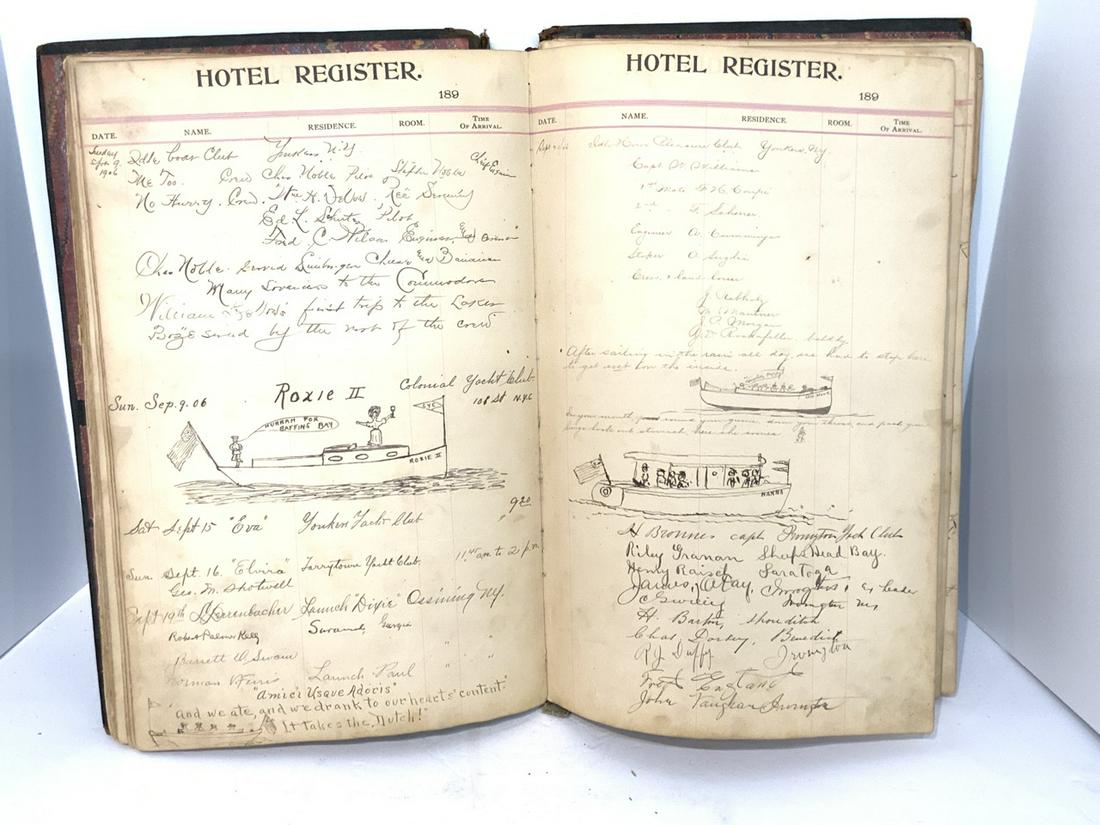 Hudson River Hotel Ledger 1897-1908, Rockland Cty. New: The Hudson River Hotel Ledger from 1897-1908. The Hudson River Hotel was located at Rockland Lake in Congers, New York. The ledger if filled with life. The entries include countless guests that docked