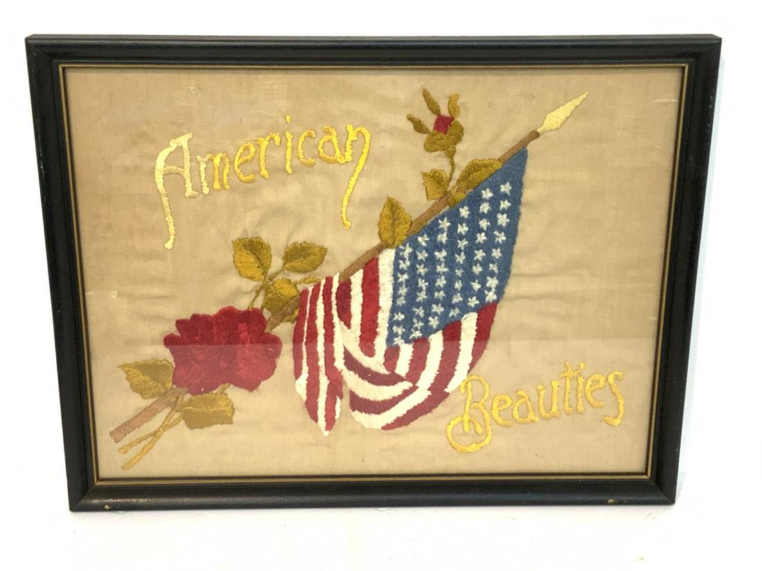 American Flag 19th C. Needlework: Titled: "American Beauty", A 19th century needlework of American flag with rose flower. Dimensions: 13 1/4" X 17 1/4" framed
