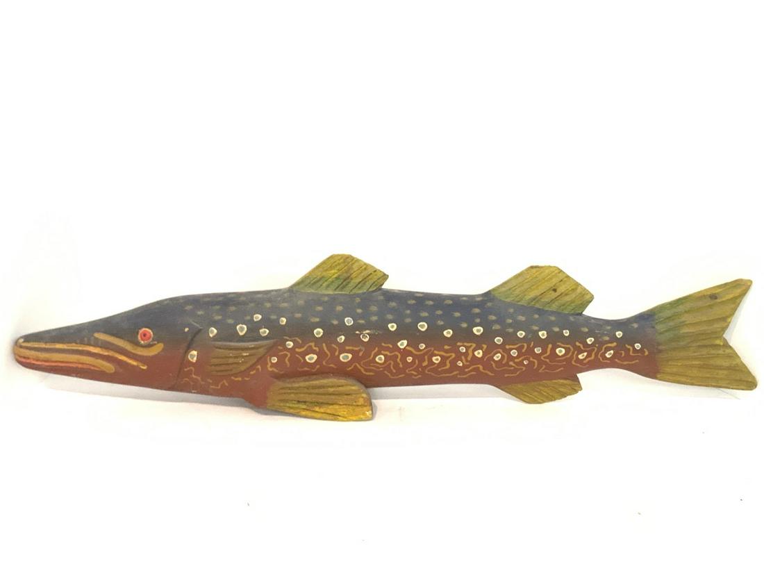Northern Pike Fish Decoy Carving: Carved Wood Fish, Northern Pike. Dimensions: 7" X 28" X 6 1/2"