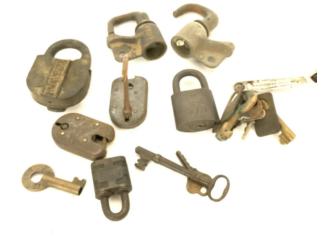 Railroad Locks And Key Lot: A compiled grouping of found railroad locks, mail locks and keys. Please see photograph preview or call. From Railroad worker's estate, Pennsylvania.