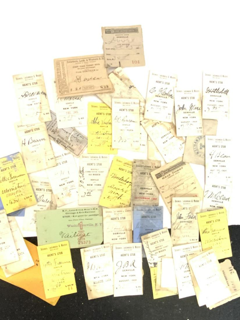 c. 1900-1904 Pile Of Old Railroad Ticket Stubs: A collection of old Railroad ticket stubs dating 1900-1904 mostly Delaware, Lackawana & Western railroad and Erie. Denville to New York Line. Washingtonville, New York and Morristown, New Jersey.