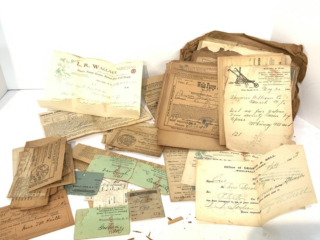 Old Local Pine Bush, Bloomingburg NY Railroad Ephemera: A brown paper bag found in rafters of old railroad worker's estate in Pennsylvania including ephemera related to Pine Bush, NY and Bloomingburgh New York railroad offices. Many invoices, bills of ladi