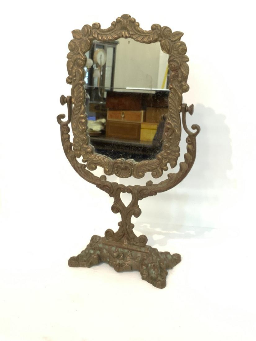 Victorian Brass Table Top Harp Mirror: Victorian brass table top harp mirror. Dimensions: 16"h X 7"w X 3 1/2"d