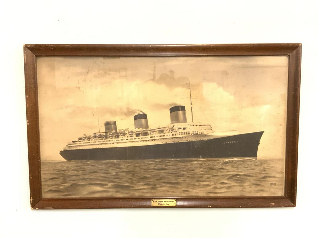 SS Normandie: SS Normandie French Line Ship Photograph Print. Marked fro Nascon Service Inc. New York. Dimensions: 17" X 29 1/2" and 20" X 32" Dust and soiling seen. Please see photograph preview or call.