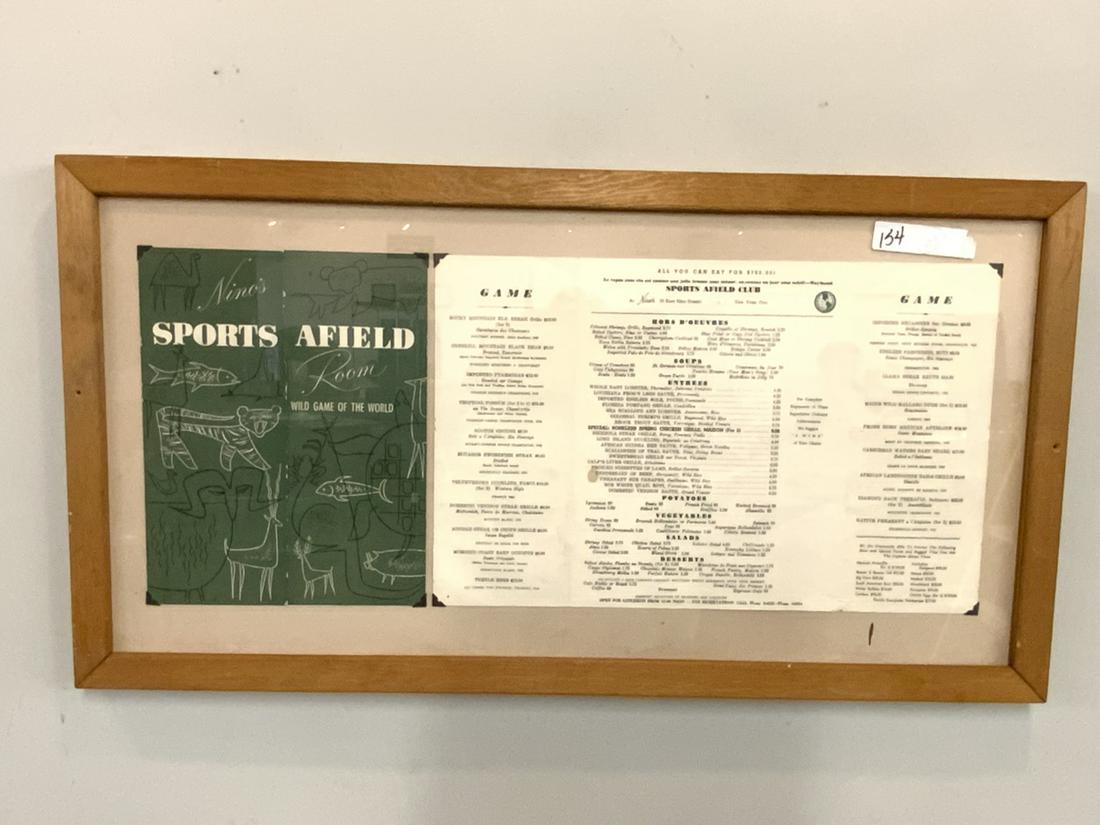 Nino's Sports Afield New York City Restaurant Menu: Nino's Sports Afield framed New York City menu. Assorted wild game dishes. Dimensions: 18" X 34" including frame.