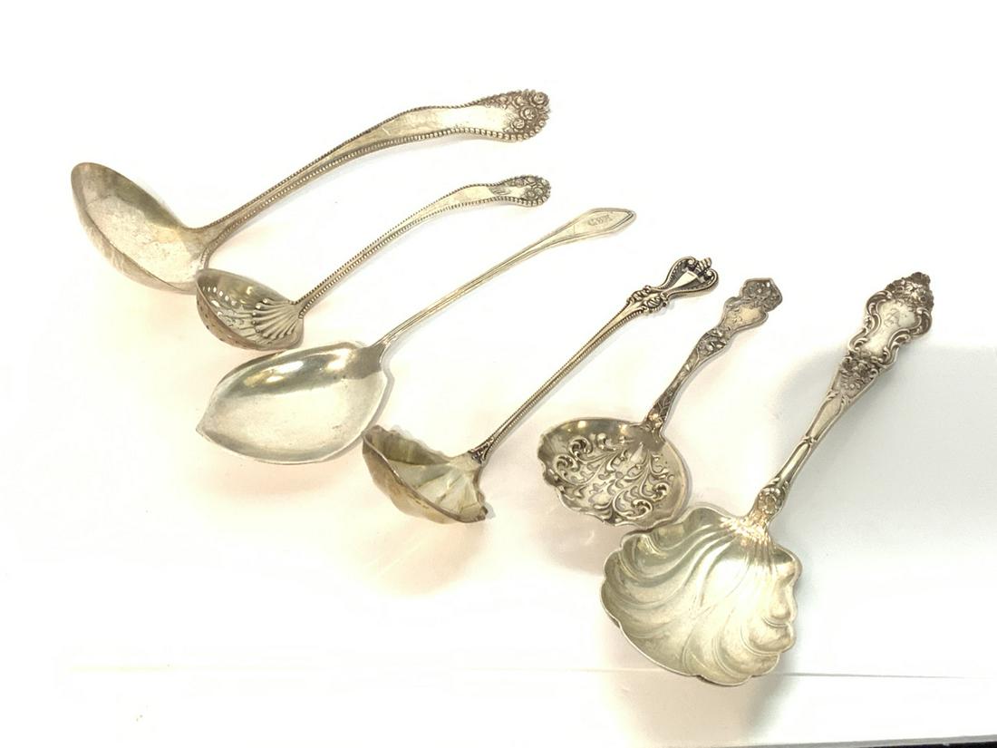 Six (6) Vintage Sterling Silver Serving Spoons/Ladles: Six (6) Vintage sterling silver serving spoons and ladles including Gorham and Towle. Total weight: 6.9 avg. ounces