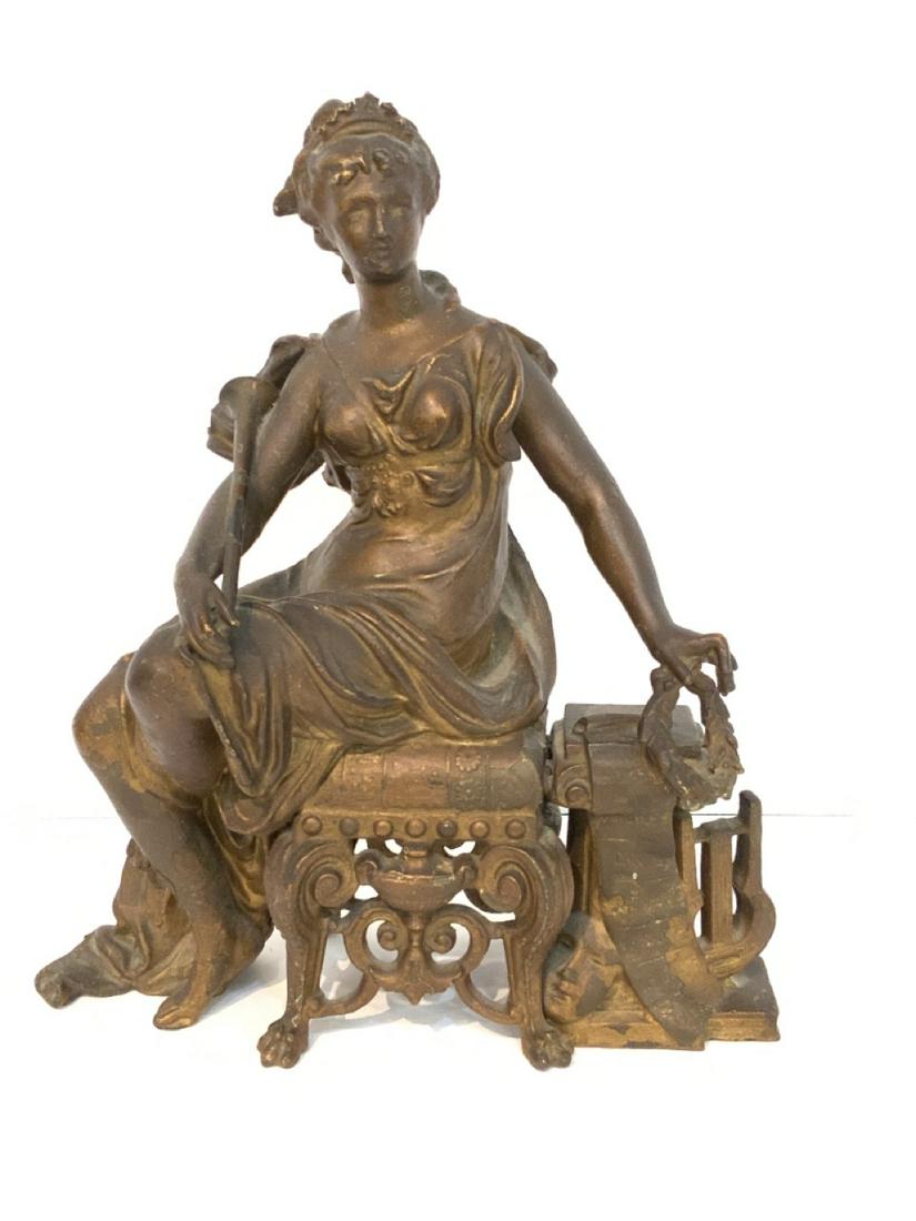 Antique Clock Topper: Spelter metal figural clock topper. Theater themed. Dimensions: 12 1/2" X 10 1/2" X 4"d