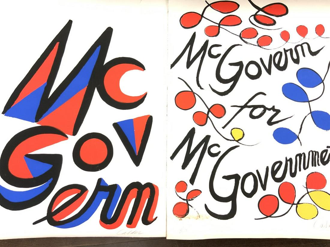 Alexander Calder Pencil Signed McGovern Posters: Two pencil signed posters by Alexander Calder "McGovern" and "McGovern for Mc Government" Numbered 69/200 and 70/200.Dimensions: 34" X 24" Some water staining, edge wear, crinkling noted. Found in sto
