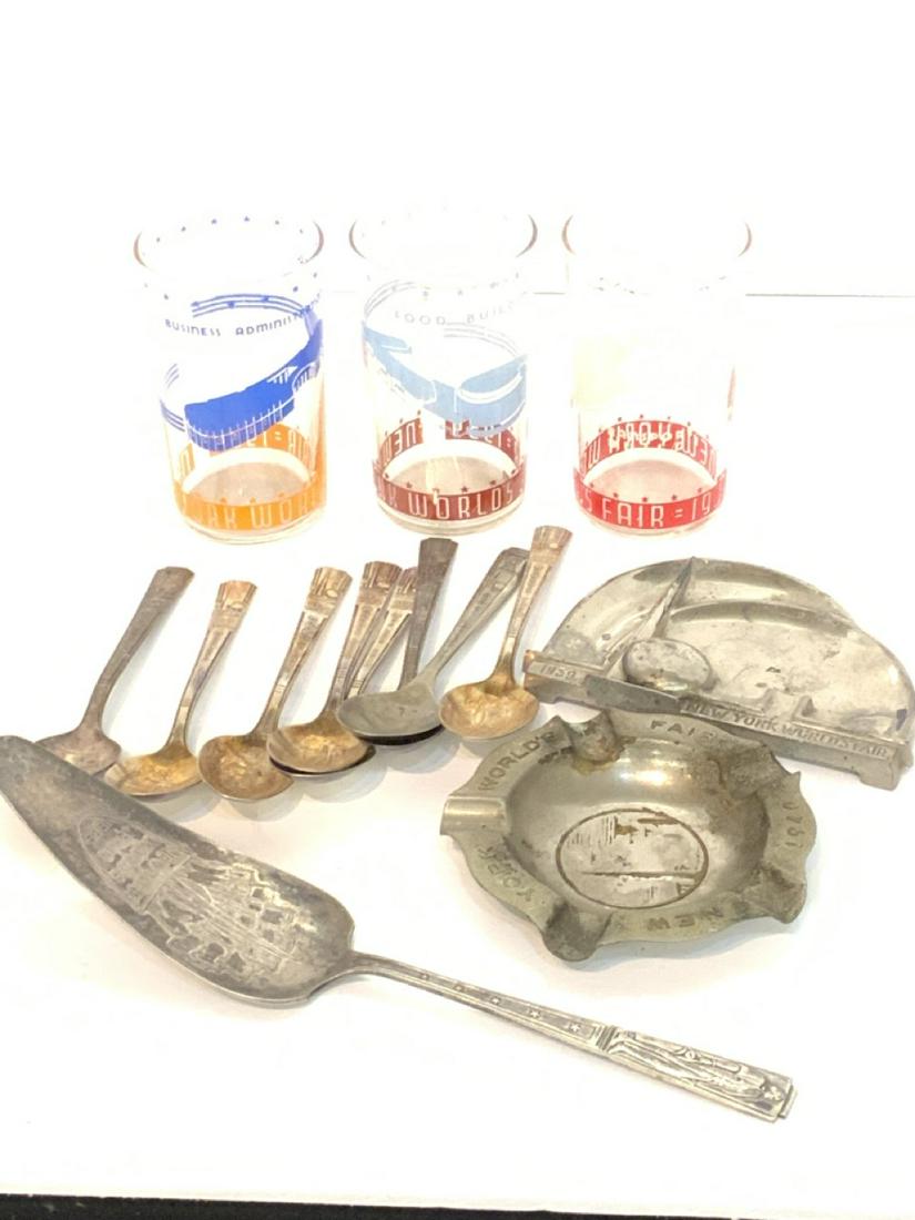 Compiled 1939 New York World's Fair Group: Collectible 1939 New York World's Fair objects including glasses, metalware, spoons, trays etc.
