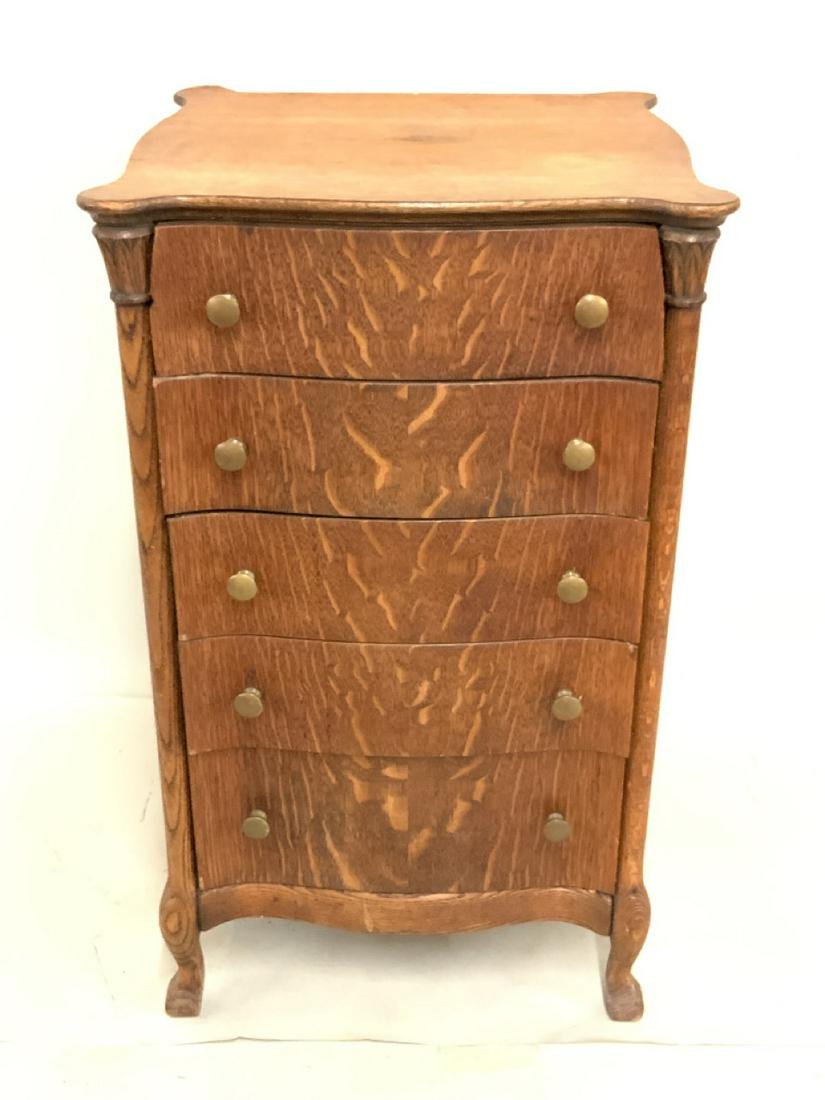 Oak 5 Drawer Music Cabinet: Five drawer oak music cabinet and stand for cylinder or disc. player. Brass knob pulls. Would make a nice jewelry chest or watch cabinet. Dimensions: 35"h X 21"w X 20"d