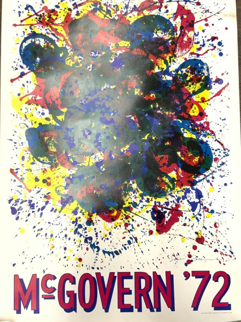 McGovern 72' Political Poster by Sam Francis Signed: Sam Francis signed poster McGovern 72'. Dimensions: 38" X 25" Some old water damage seen upper right side. Please see photograph preview or call. Excellent coloring.
