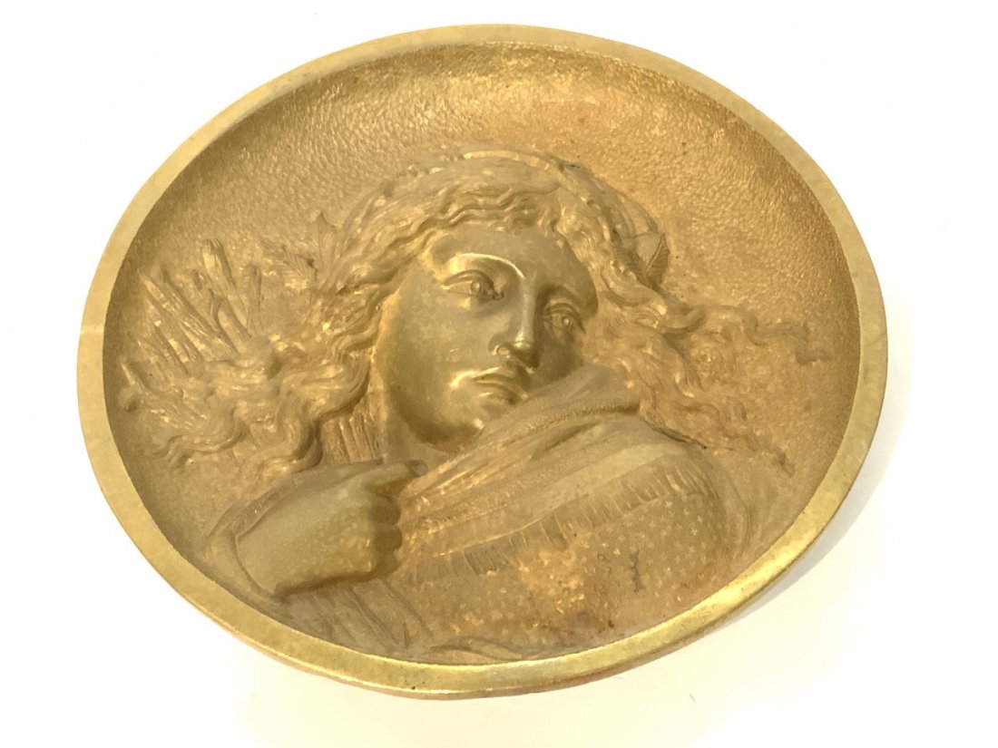 Vintage Solid Brass/Bronze Plaque: A solid brass plaque of a girl holding wheat (Ruth). Dimensions: 6" diameter