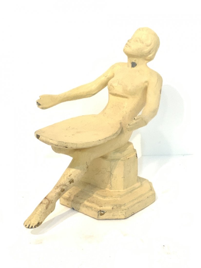 Art Deco Figural Receiving Dish: Frankart style Art Deco receiving dish in the form of a female nude. Spelter metal. Dimensions: 6"h X 5 1/2"d x 3 1/2"