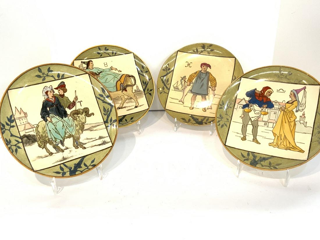 Scarce Minton Zodiac Plates c.1873: Minton Zodiac series plates. c. 1873 Chaucer Canterbury Tales 9" Diameter Libra, Aries, Taurus and Pisces. Taurus plate has small chip underside and Pisces plate has a few flakes of paint loss. Please