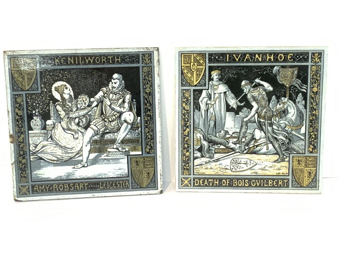 Minton Tiles: Minton stroke on trent tiles. Ivanhoe and Kenilworth. Dimensions: 8 1/4" X 8"