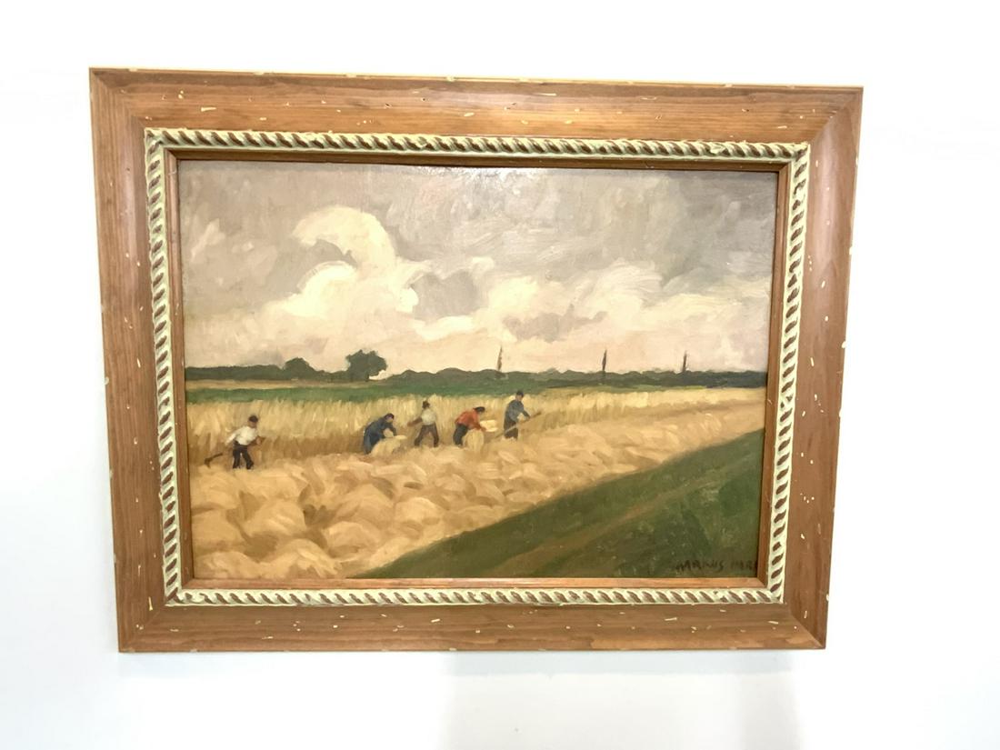 Hungarian Oil Landscape Painting: Markus Imre (Hungarian) Harvesters In Landscape Oil on board Dimensions: 14" X 19" and 19 1/2" X 25"