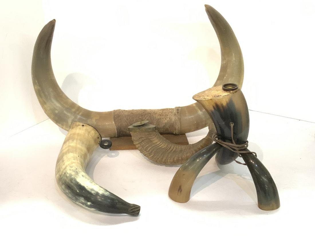 Five (5) Piece Horn Decorative Objects: Five (5) Horn related objects. Lamp, candleholder, flask etc.