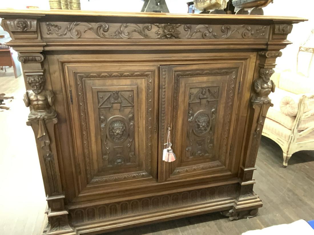 19th c. Heavily Carved Antique Cabinet, Daschund Dog (1 of 4)
