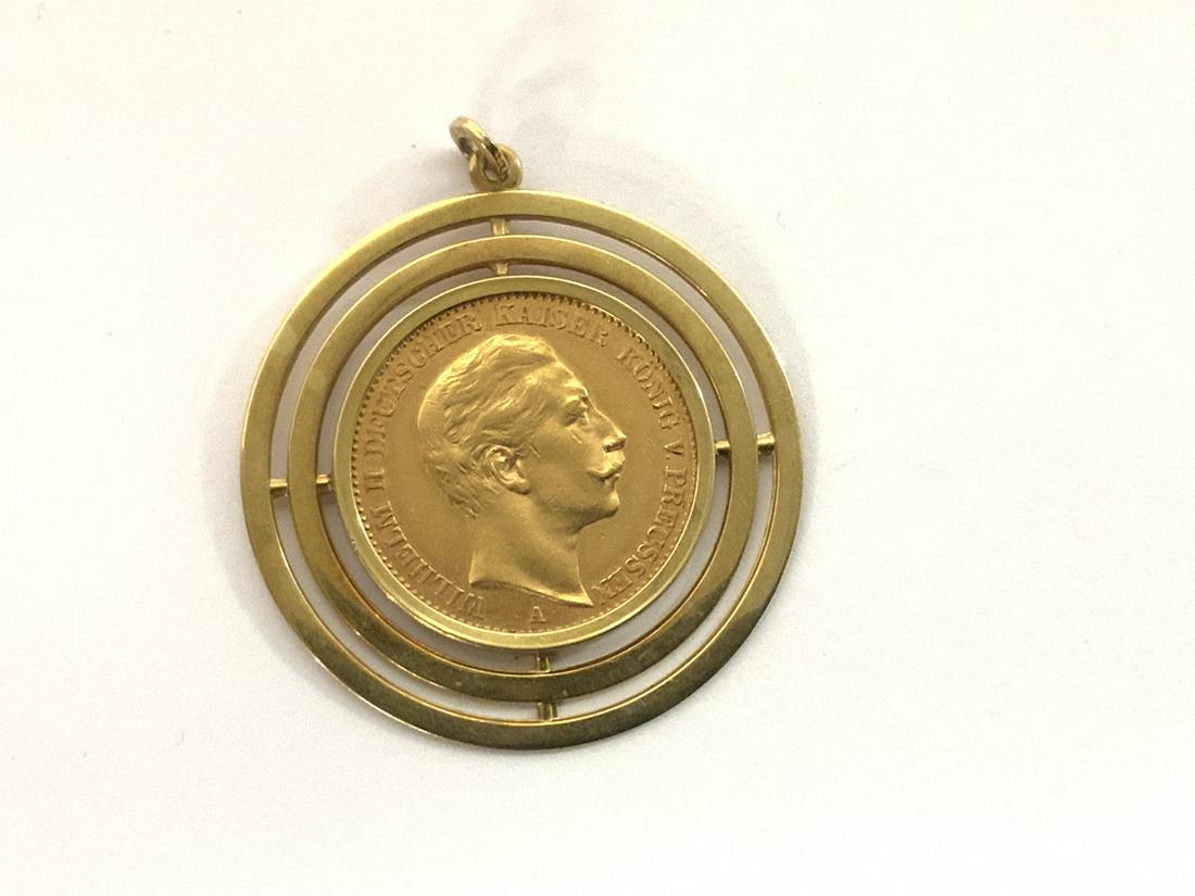 German 1908 Wilhelm II Gold Coin: 1908 20 Mark Wilhelm II Gold Coin with 14k yellow gold frame. GermanyTotal weight: 12.23 grams