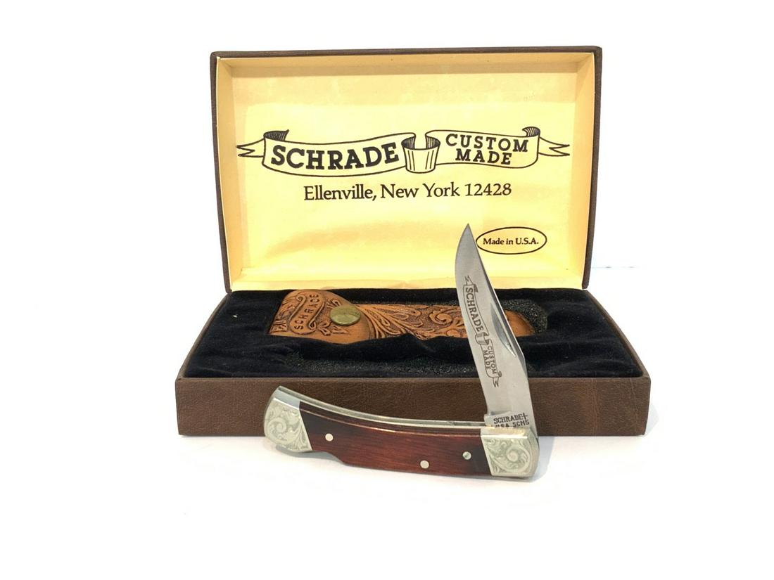 Schrade Ellenville, New York Limited Edition Pocket: Schrade Ellenville, New York custom made knife with tooled leather case. Dimensions: 3 1/2" length