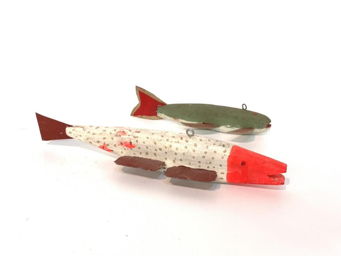 Two (2) Early Wood And Metal Fish Decoys: Two (2) vintage wood and metal fish decoys. Lead weighted. Dimensions: 1 3/4" X 9" and 1 1/4" X 6"