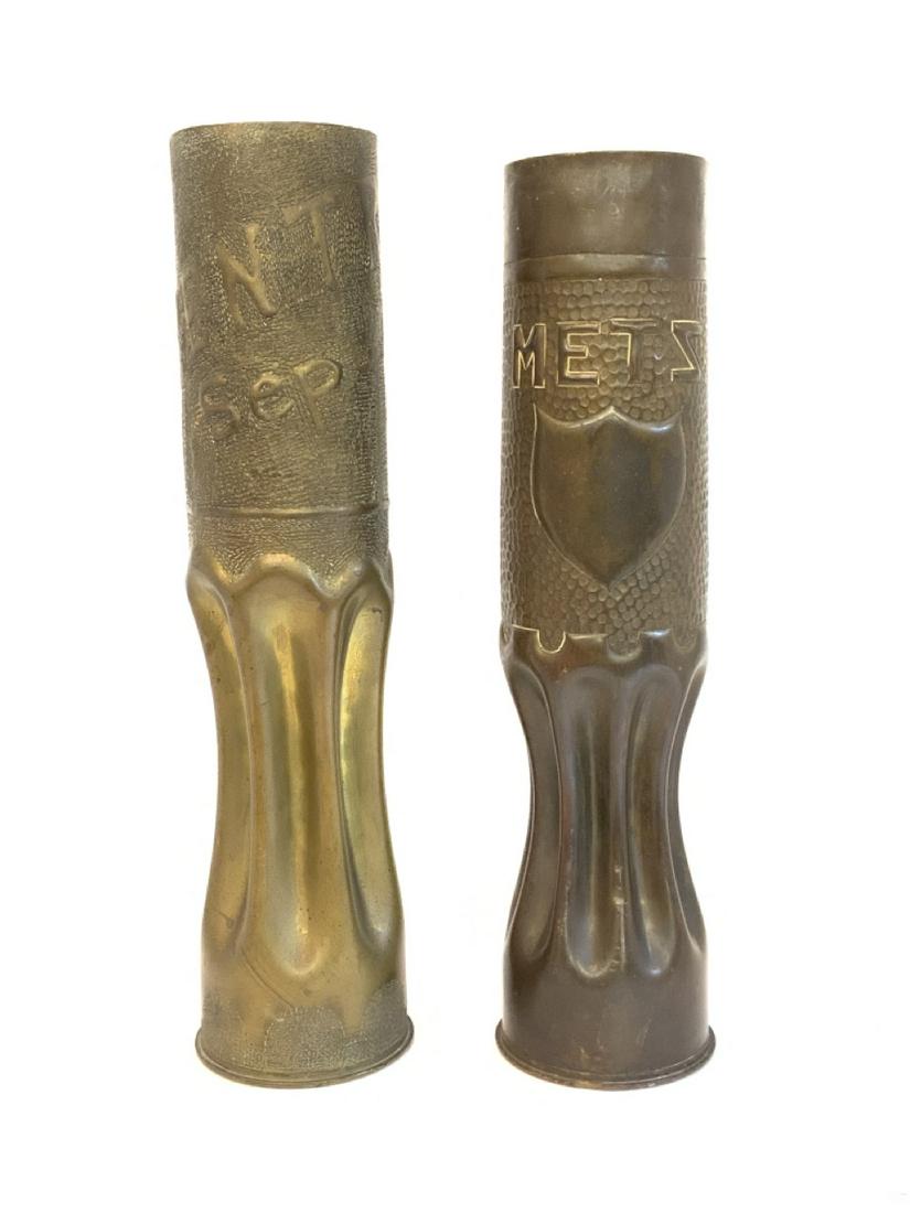 Two (2) Piece WW1 Trench Art Shell Vases: Two (2) piece WWI trench art shell vases. Dimensions: 14” x 3” and 13" X 3"FranceDated September 29, 1918