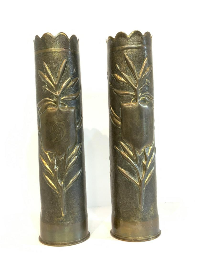 Two (2) Piece WW1 Trench Art Shell Vases: Two (2) Piece WWI Trench Art Shell Vases Dimensions: 13” x 3”