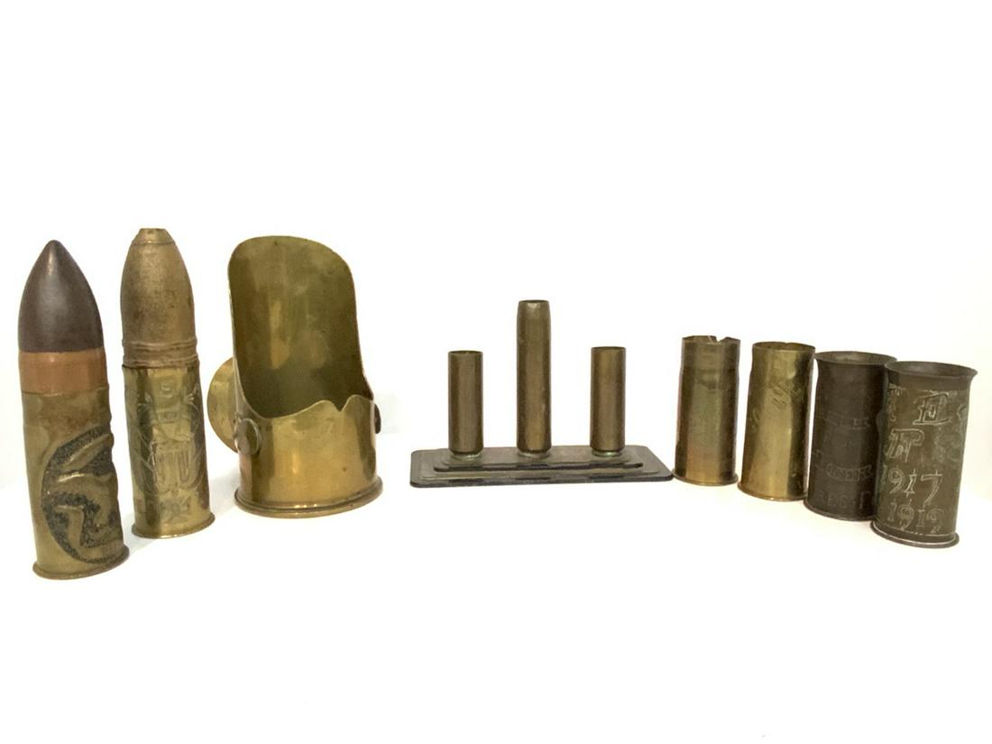 WWI Trench Art Collection: WWI era Trench art collection. A compiled grouping of various shells into desk top forms. France c. 1917-1919