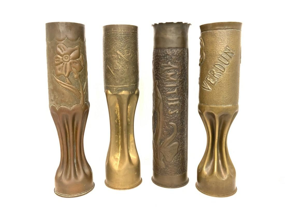 Four (4) Piece WW1 Trench Art Shell Vases: Four (4) piece WWI Trench art shell vases.Dimensions: 13.5” x 3.5”