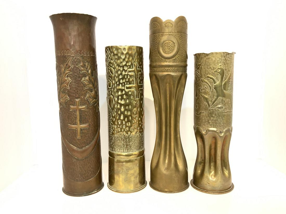 Four (4) Piece WW1 Trench Art Shell Vases: Four (4) Piece WW1 Trench Art Shell Vases 13 3/4” x 3 1/2”Souvenir de Champagne Engraved