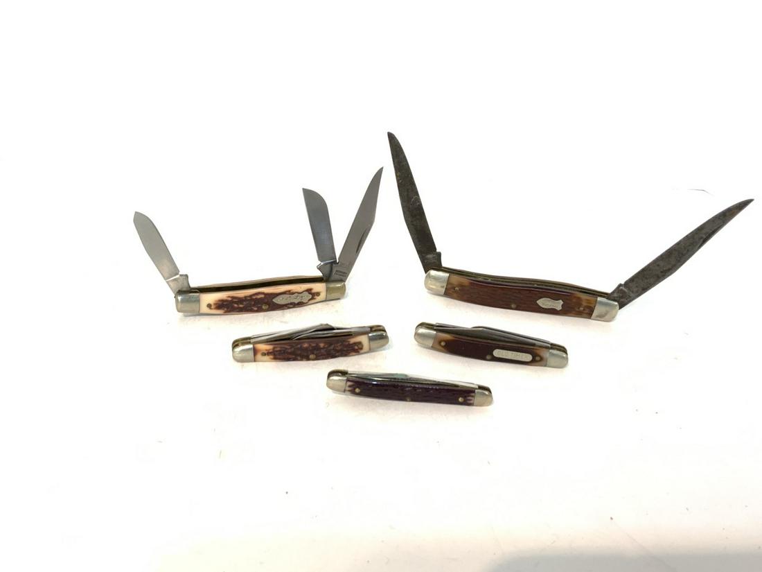 Lot of 5 Schrade Vintage Pocket Knives: Schrade, Walden, NY Grouping Of Pocket Knives. 3” Blade2” BladeSingle-BladedMulti-Bladed