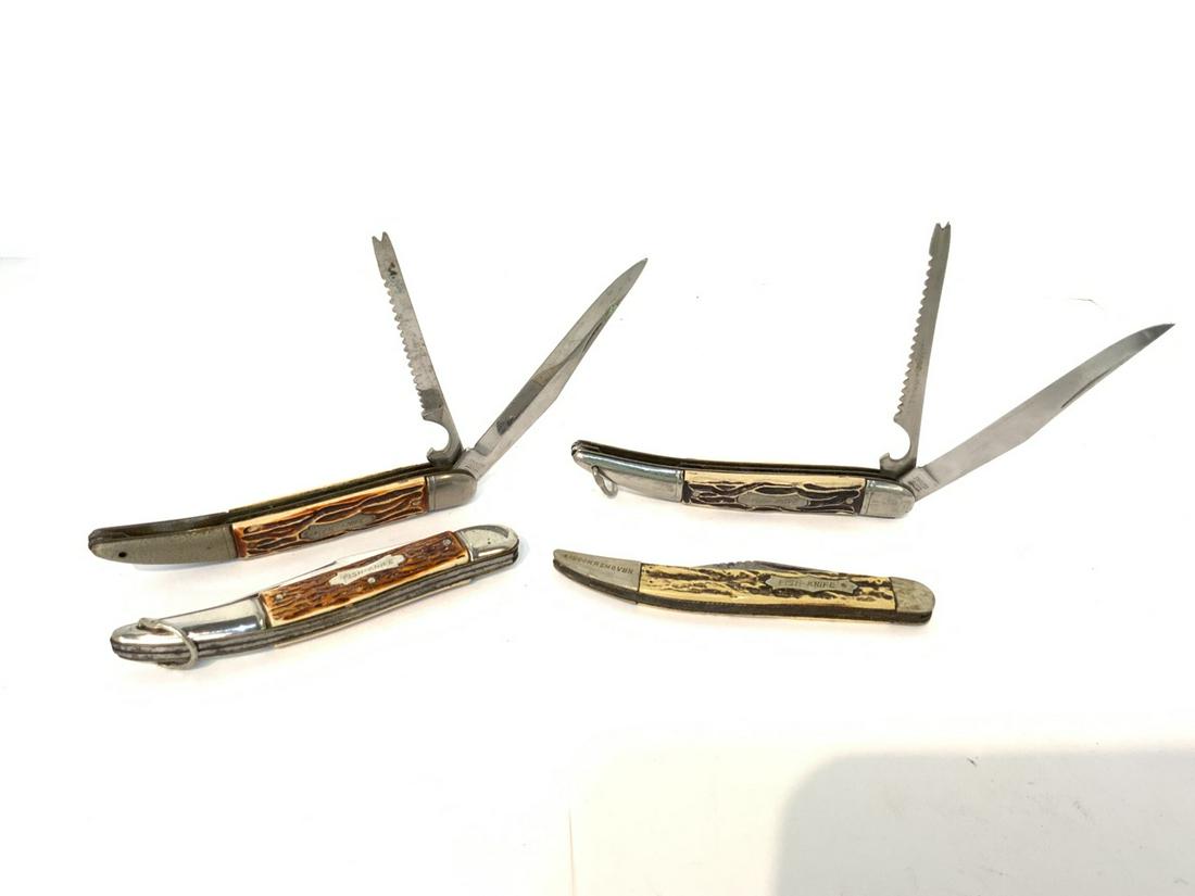 Lot of 4 Stag Handled Fishing Knives: Lot of four (4) stag handled fishing knives. Double-Bladed4” Blade