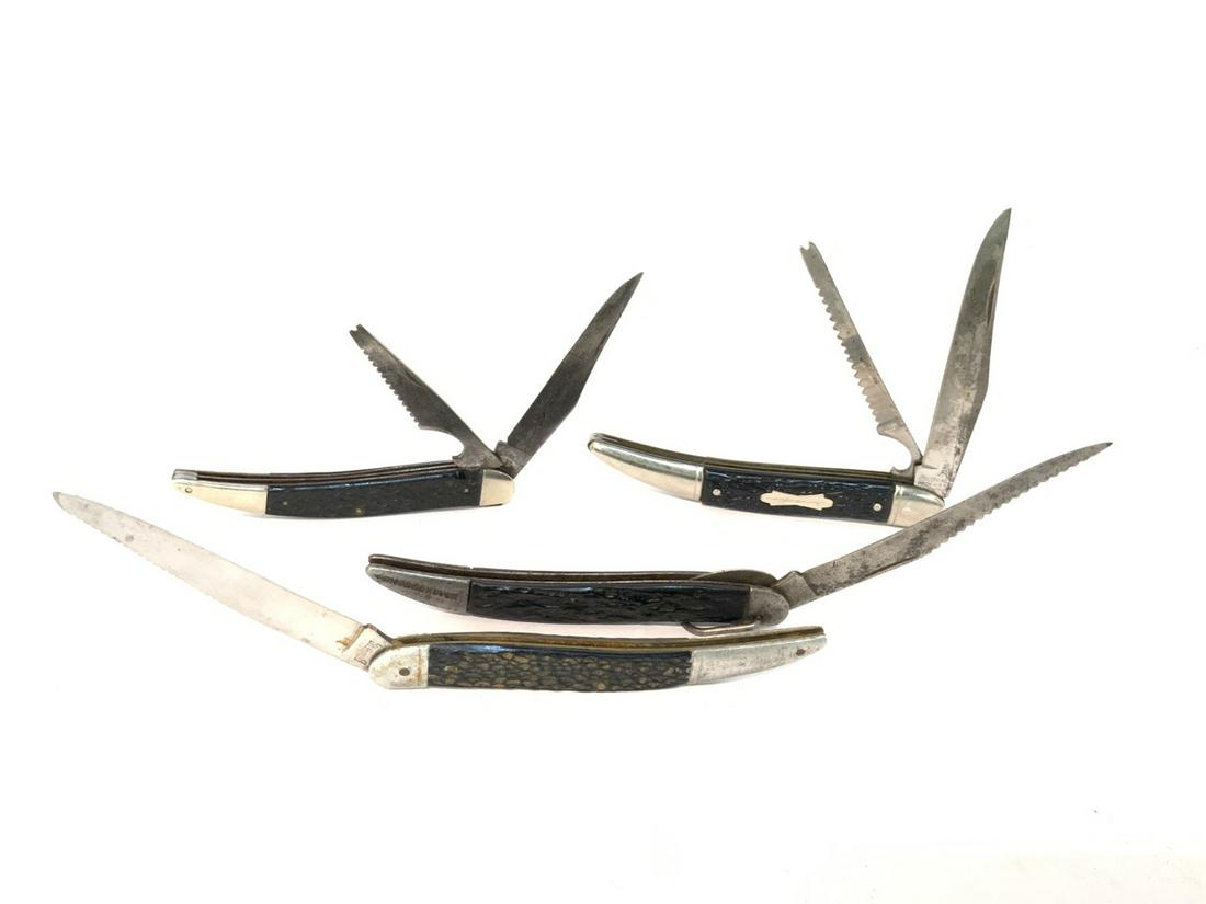 Lot of 4 Vintage Stag Handled Fishing Knives: Lot of Four Stag Handled pocket knives.Double-BladedSingle-Bladed4” Blade3” Blade