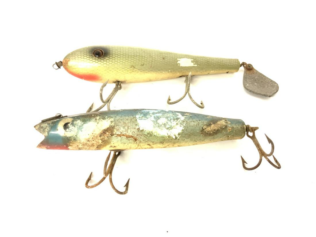 Lot of 2 Wooden Fishing Lures: Two large wooden fishing lures. Dimensions: 6 3/8” x 1.25”
