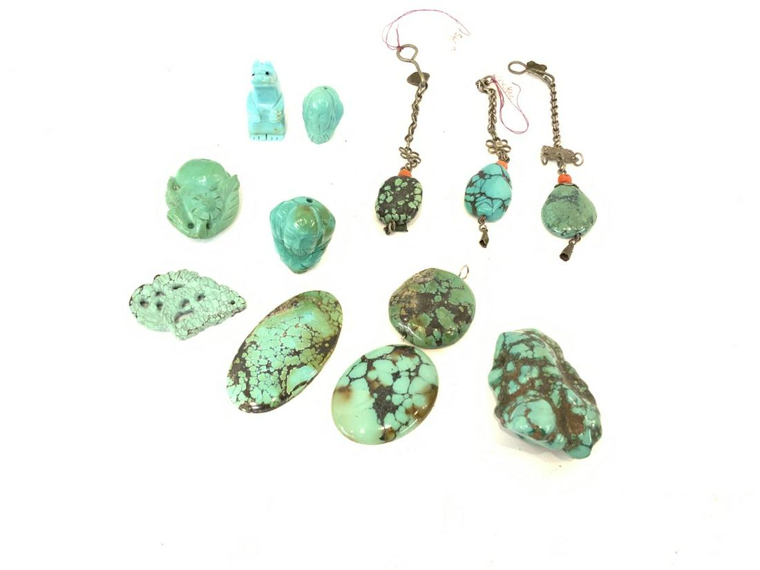 Twelve Pieces Carved Turquoise, Tibetan Etc. (1 of 4)
